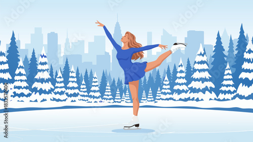 Graceful Female Ice Skater Performing on a Frozen Rink in a Picturesque Winter Cityscape Illustration