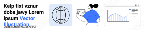 Global networking, digital communication, tech solutions, analytics, education, business strategy. Globe symbol, person using a tablet chart on a screen. Global networking and data solutions concept