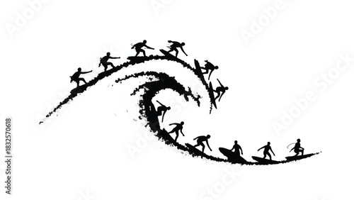 Surfers ride a dynamic wave, showcasing the thrill and movement of the ocean sport.