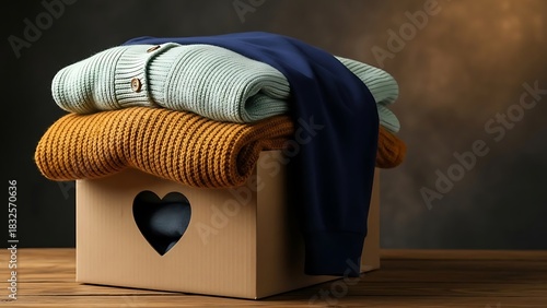Warm winter clothes like knitted sweaters neatly folded in a cardboard donation box with a heart symbol, representing charity and giving