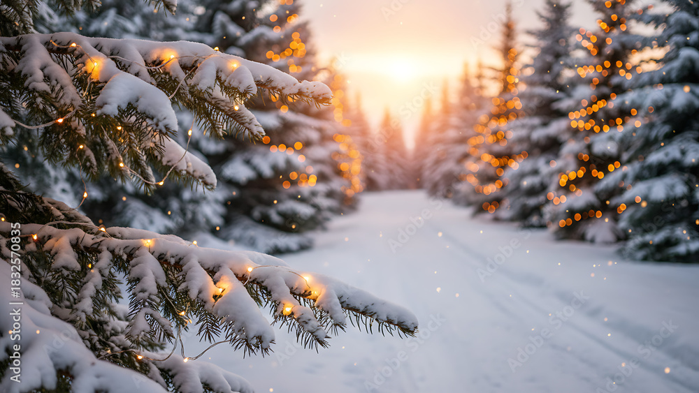 Fototapeta premium Christmas background banner with a winter alley among snow-covered fir trees with christmas lights in soft garland light, Christmas / New Year / Winter Holiday Background
