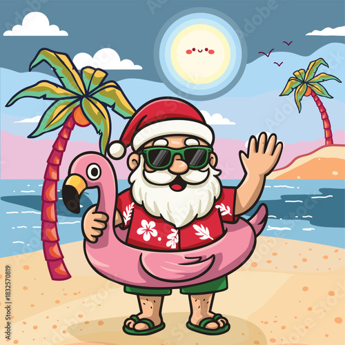 Tropical Santa Holiday Vibes, Santa chills on a sunny beach with his flamingo float, spreading fun tropical Christmas vibes in a bright, playful holiday scene.