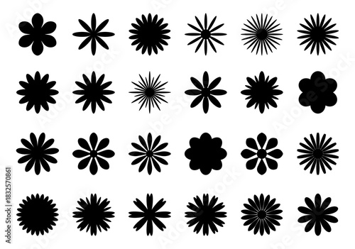 A set of black silhouettes of flowers, botanical elements of a blooming shape, vector, flat design. A collection of simple flower daisy icons for design, decoration, labels, isolated on a white