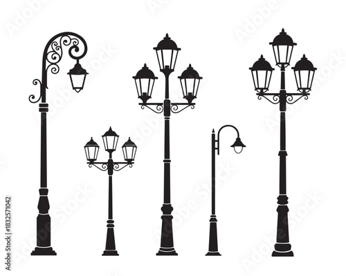 Vintage street lamp silhouette set. Retro Victorian garden lantern and old urban light post icons.