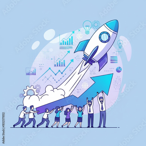 Teamwork launching rocket for startup success vector concept of business development and innovation