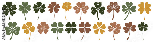 Clover leaves vector collection. Set of green clover leaves isolated on transparent background. Silhouette lucky clover leaf, trefoil, four leaves shamrock isolated on white, for Saint Patrick's day