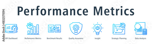 Performance metrics web banner icon vector illustration concept with icon of KPI dashboard, performance metrics, benchmark results, quality assurance, insight, strategic planning, and data analysis.