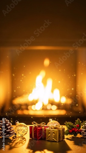 Warm Fireplace with Red and Gold Gifts, Christmas Decorations, Cozy Holiday