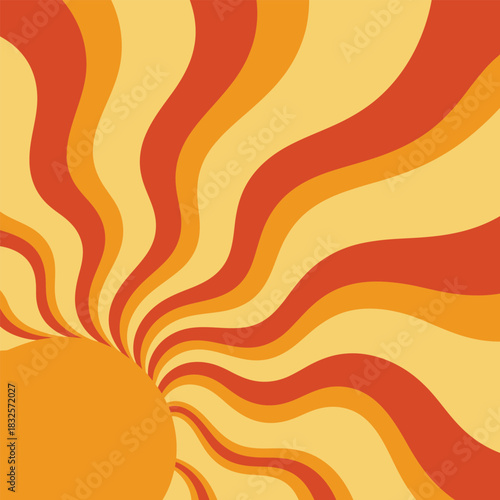 Retro 70s sunburst abstract pattern with warm wavy color lines