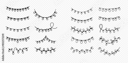 Set of hand-drawn Christmas light garlands, decorative elements for holiday designs and celebrations.