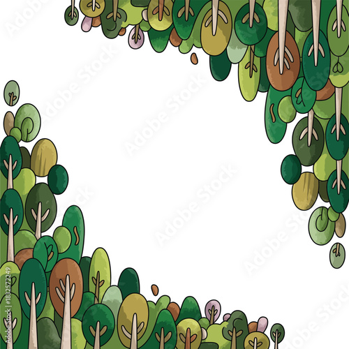 Stylized forest illustration frame with diverse trees and foliage