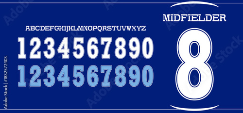 The Royal Blue football jersey A bold athletic jersey display font with clean rounded numbers, designed for football kits, team branding, and match graphics.