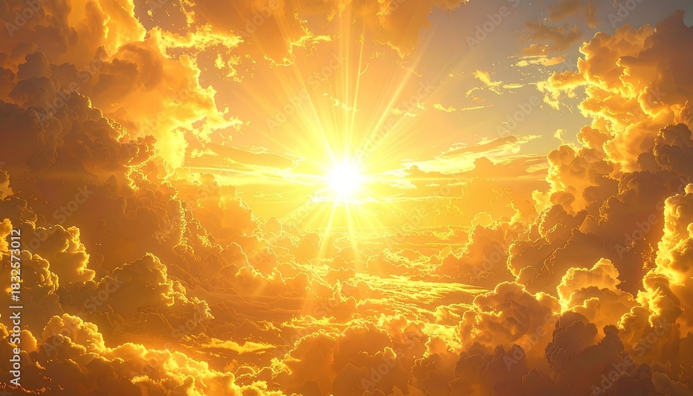 Fototapeta premium Golden sky background with the sun, clouds, and sunlight