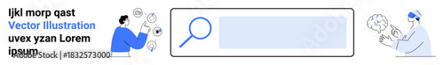 Digital design, user interface, technology, research tools, online navigation, data search. A search bar with figures interacting and abstract design elements. Digital design and user interface