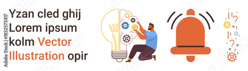 Creativity, innovation, problem solving, alert notification, technology, brainstorming. Person fixing a light bulb with gears and tools. Creativity and innovation concepts