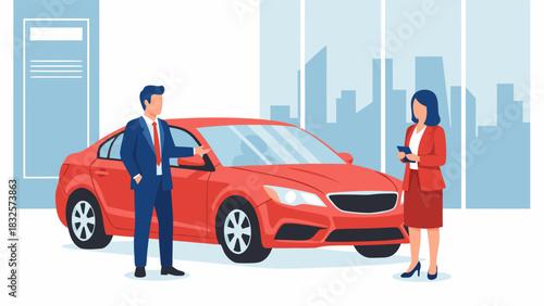 Car Sales Partnership Business Professionals Examining a New Vehicle in a Modern City Environment, Vector Illustration