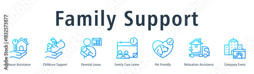 Family Support Web Banner Outline Gradient icon vector illustration concept with icon of house assistance, childcare support, parental leave, family care leave, pet friendly and relocation assistance