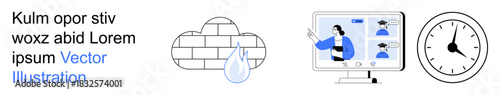 Cybersecurity, remote work, time management, digital communication, data protection, online collaboration. Cloud and droplet, video conferencing an analog clock. Cybersecurity and remote work