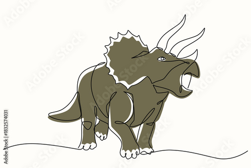 Triceratops one line drawing. Triceratops single line illustration. Dinosaur minimalist line art