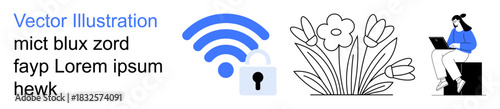 Cybersecurity, remote work, wireless internet, nature, technology design, concepts. Abstract wireless icon, security lock flowers seated person with a laptop. Cybersecurity and remote work concept
