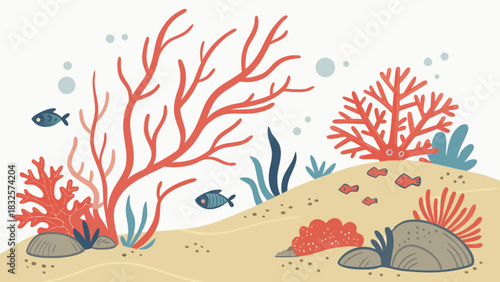 Underwater ecosystem illustration with red coral, various fish, and marine plants on a sandy seabed, depicting a vibrant and calm aquatic environment in flat design.