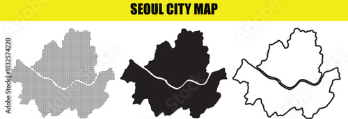 Seoul city map showing the outline of the city and the han river flowing through it dot map