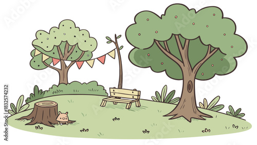 Whimsical cartoon park illustration with lush green trees, a charming wooden bench, a festive bunting, and a tiny adorable creature peeking from behind a tree stump on a sunny day.