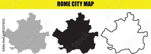 Rome city map showing the outline of the city in three different styles dot map