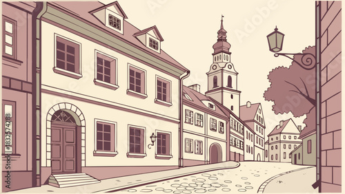 Charming european old town street scene illustration with classic architecture, a prominent church spire, winding cobblestone road, and vintage street lamp capturing historical urban beauty.