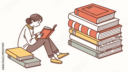 Woman relaxing while reading a book on the floor next to a tall stack of colorful literature, promoting education, leisure, and personal growth in a cozy setting.