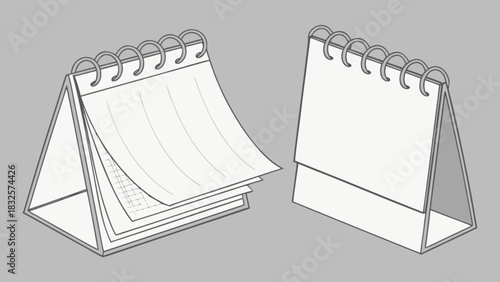 Minimalist outline vector illustration of two desk calendars, one open with pages showing subtle grid lines and the other closed, symbolizing planning, scheduling, and time organization