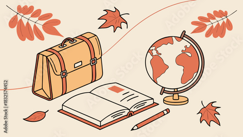 Autumn season education illustration featuring a vintage school satchel, open book, globe, and pencil, symbolizing learning, knowledge, and global studies for academic endeavors.