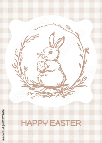Vintage Easter bunny holding decorated egg in floral wreath on gingham background nostalgic holiday greeting card Vertical social media Easter greeting card, minimal postcard, soft colors, springtime