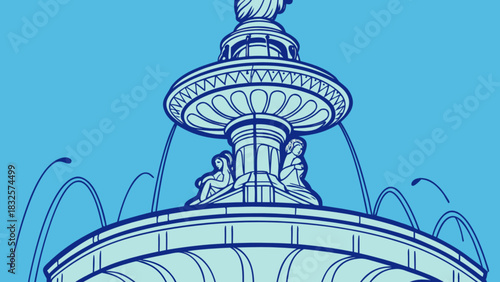 Ornate classical fountain vector illustration with water streams on a solid blue background, showcasing architectural grandeur and artistic detail for various design projects.