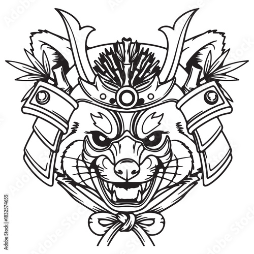 Fierce Samurai Red Panda Head Vector Illustration Monochrome Design