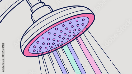 Colorful water streams flowing from a modern shower head, minimalist line art illustration for hygiene, relaxation, and wellness concepts in bathroom design, health, and clean living.