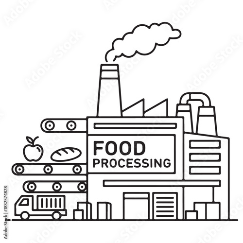 Black and White Line Art Food Processing Plant with Conveyor Belt