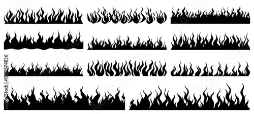 Set of Flame fire border frame silhouette template vector illustration clipart. Flammable horizontal line. Black on white. Decorative burning mockup. Cartoon fiery tattoo template. Hot temperature