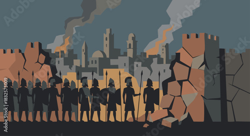 Fall of Jerusalem (Chronicles Perspective)
Geometric silhouette of Babylonian soldiers entering a stylized Jerusalem, stone walls simplified, muted somber palette, minimal dramatic composition. Bible
