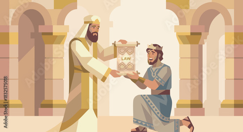 Josiah Finds the Book of the Law
High priest handing a stylized scroll to Josiah, geometric temple shapes behind, stone and gold palette, soft emotional emphasis. Bible
