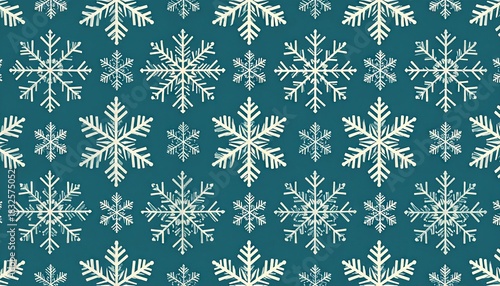 Seamless pattern of white snowflakes on a dark teal background for winter holidays.