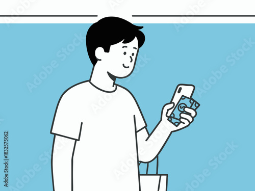 A simple illustration of a man making a cashless payment. Smart. Payment.