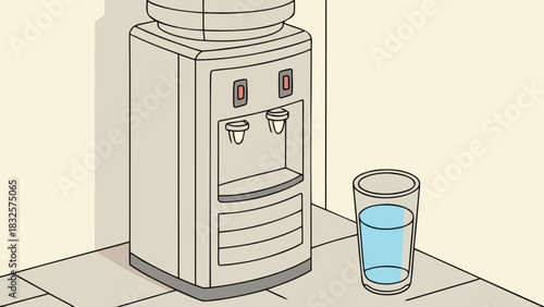 Illustration of a modern office water cooler dispenser with a clear glass of refreshing, clean drinking water on a tiled surface, symbolizing workplace hydration and healthy living.