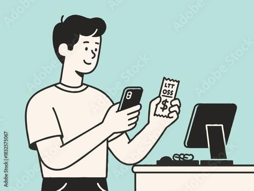 A simple illustration of a man making a cashless payment. Smart. Payment.
