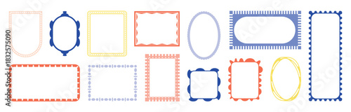 Retro doodle stamp frames. Oval rectangle square colorful border set. Hand drawn vintage label frame template. Coastal scallop squiggle invitation postcard decor. Minimal sketch ornate outline design