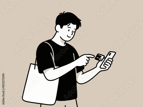 A simple illustration of a man making a cashless payment. Smart. Payment.