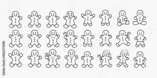 Set of various outline gingerbread man icons for Christmas and holiday designs.