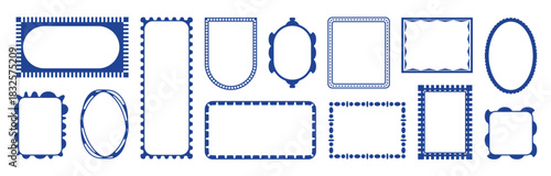 Dark blue bold retro stamp frames. Doodle sketch rectangular oval ornate borders. Hand drawn coastal scallop invitation template set. Abstract poster placard label frame design for postcard decoration