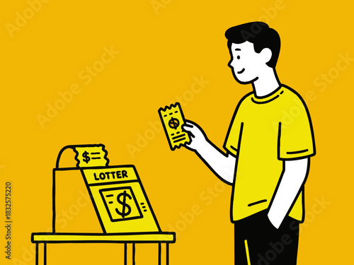 A simple illustration of someone buying a lottery ticket. Dreams. Becoming a millionaire. Cash prize.