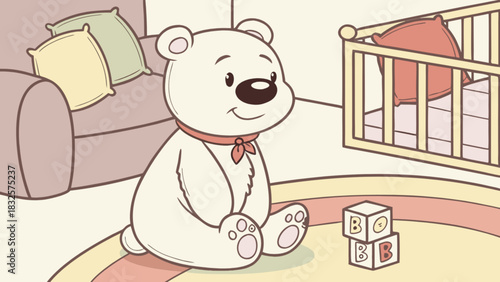 Cute cartoon teddy bear sitting on a colorful rug in a cozy nursery room, surrounded by toy blocks and a baby crib, symbolizing childhood, comfort, and playful innocence.